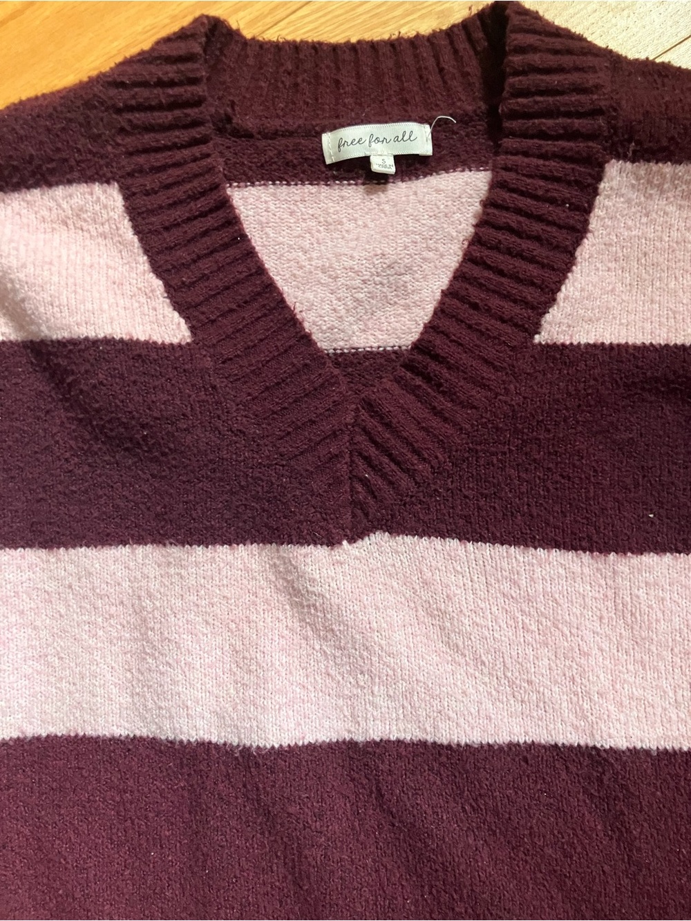 Free For All Burgundy and Pink Striped V-Neck Sweater